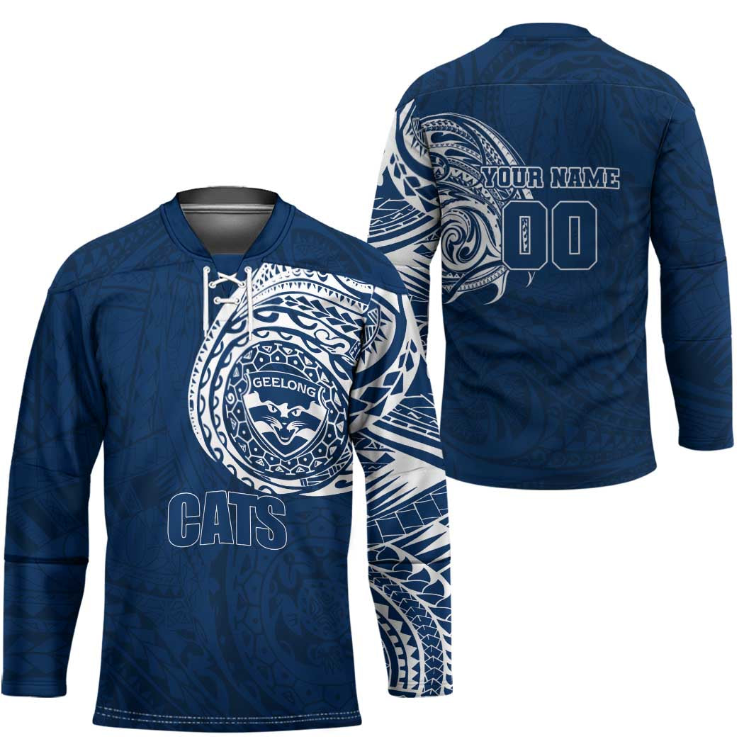 Personalized Geelong Cats Polynesian Hockey Jersey Tribal Chest and Sleeve Tattoo Heritage Warrior