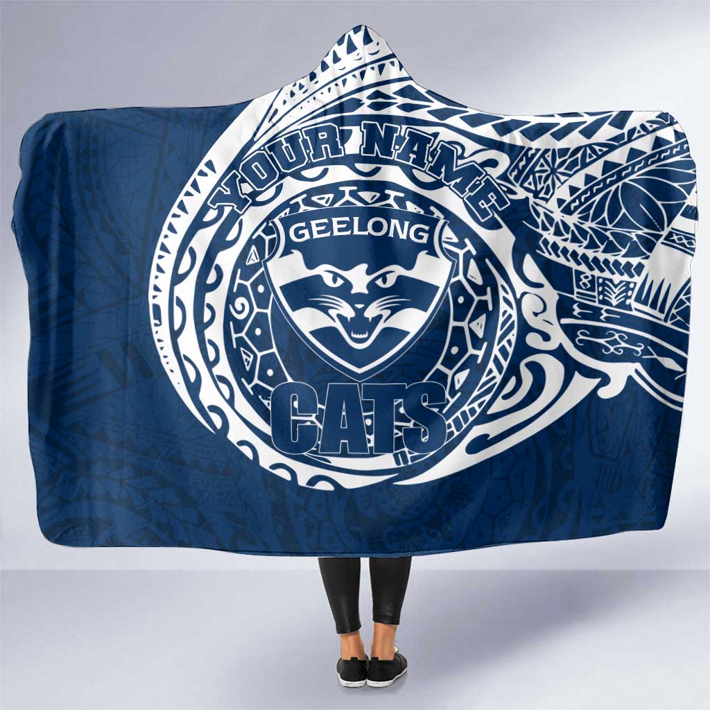 Personalized Geelong Cats Polynesian Hooded Blanket Tribal Chest and Sleeve Tattoo Heritage Warrior