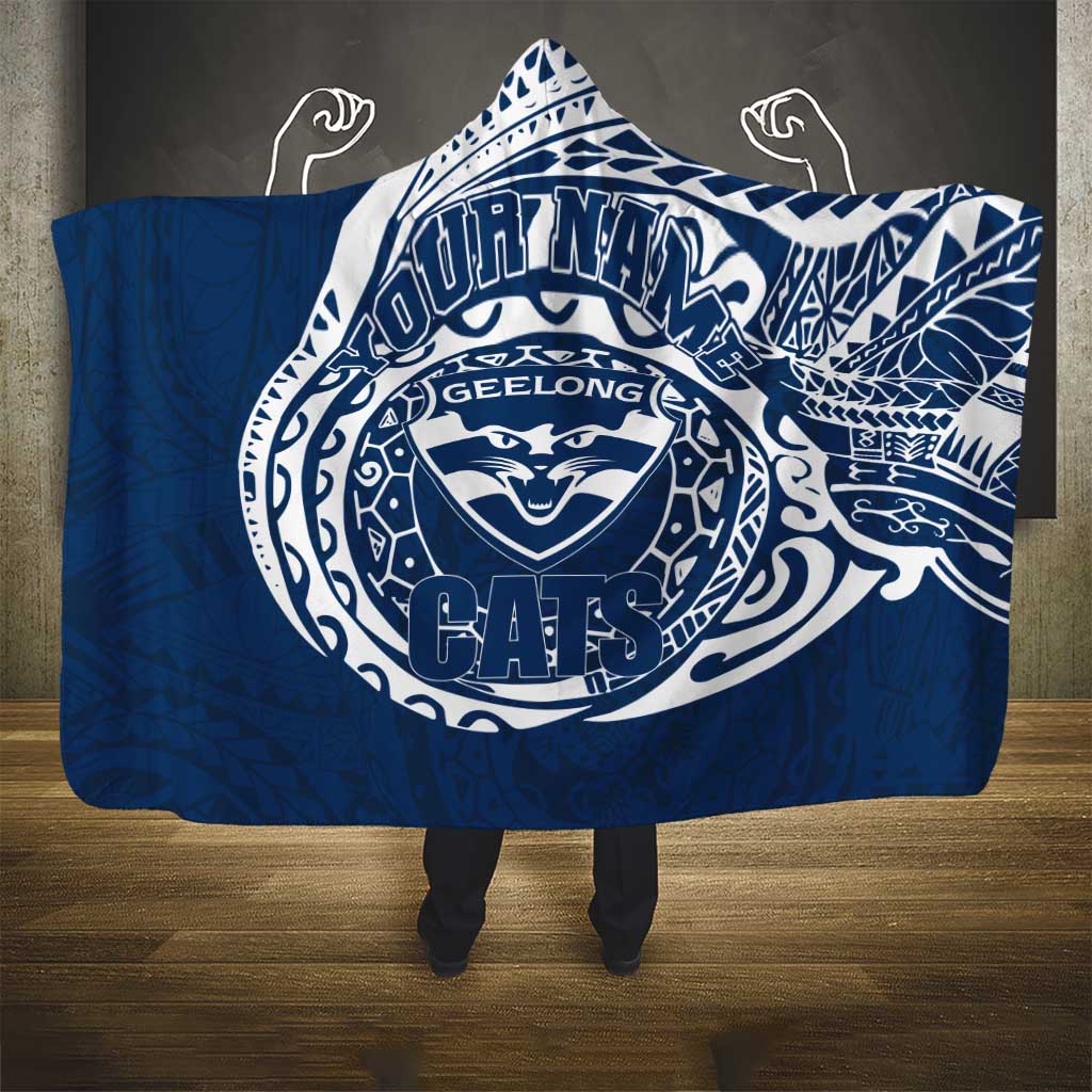 Personalized Geelong Cats Polynesian Hooded Blanket Tribal Chest and Sleeve Tattoo Heritage Warrior