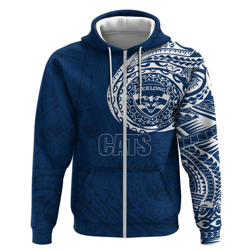 Personalized Geelong Cats Polynesian Hoodie Tribal Chest and Sleeve Tattoo Heritage Warrior
