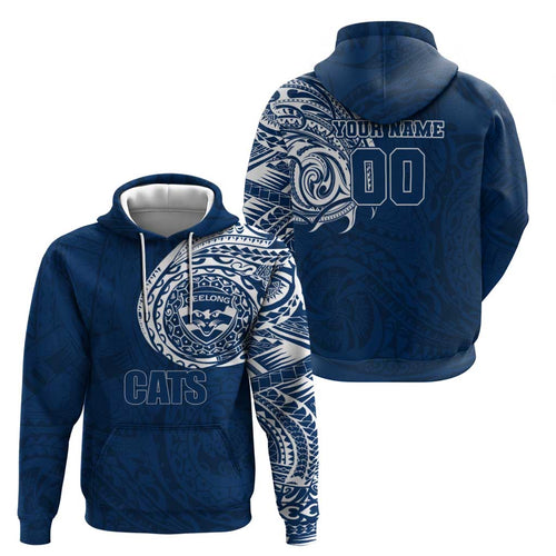 Personalized Geelong Cats Polynesian Hoodie Tribal Chest and Sleeve Tattoo Heritage Warrior