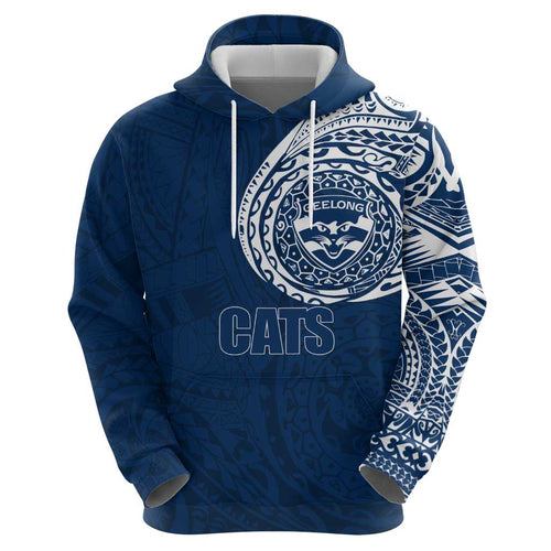 Personalized Geelong Cats Polynesian Hoodie Tribal Chest and Sleeve Tattoo Heritage Warrior