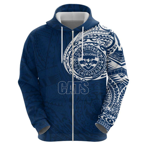 Personalized Geelong Cats Polynesian Hoodie Tribal Chest and Sleeve Tattoo Heritage Warrior