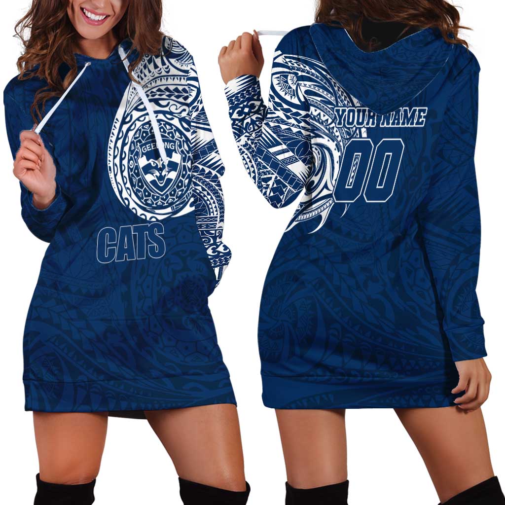 Personalized Geelong Cats Polynesian Hoodie Dress Tribal Chest and Sleeve Tattoo Heritage Warrior