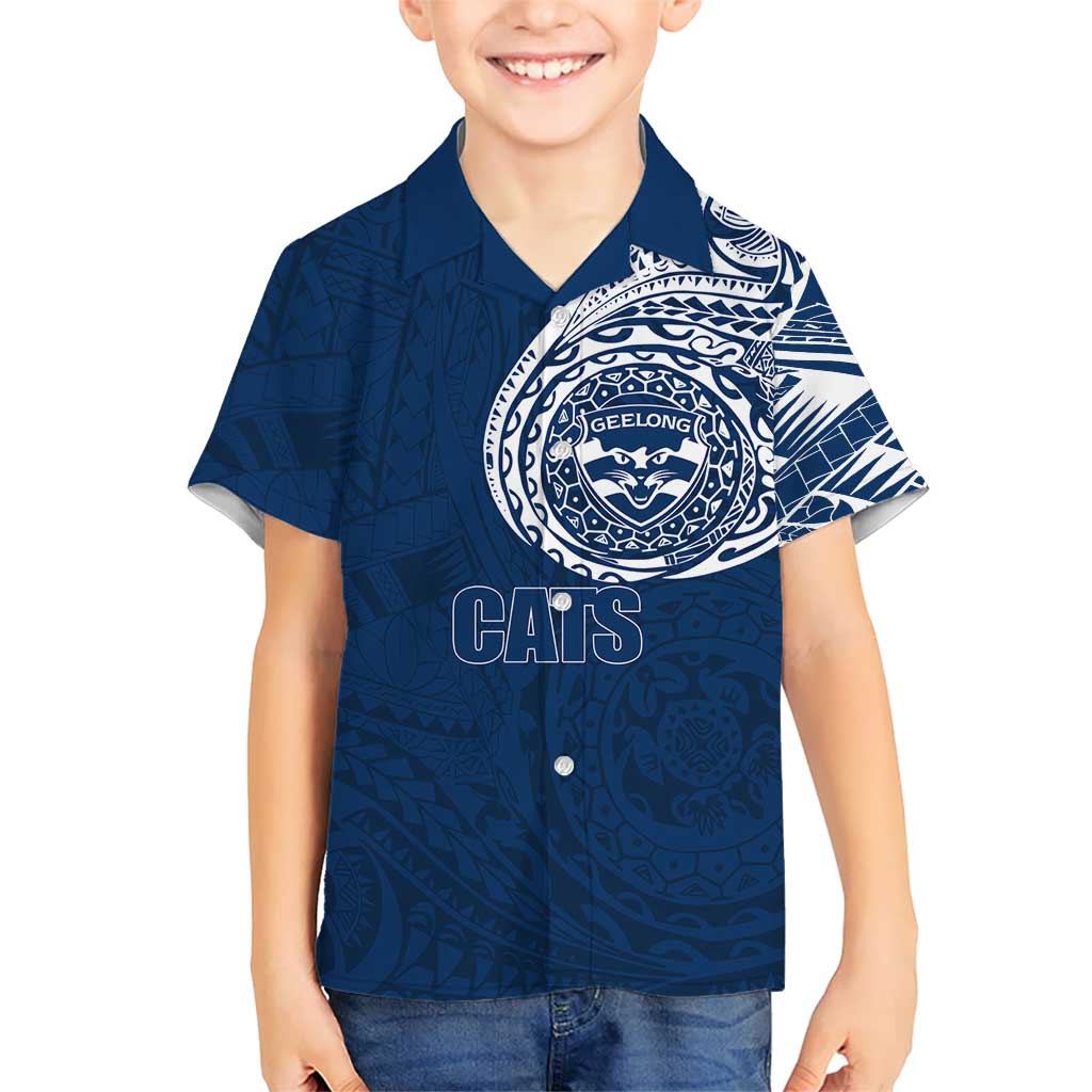 Personalized Geelong Cats Polynesian Kid Hawaiian Shirt Tribal Chest and Sleeve Tattoo Heritage Warrior