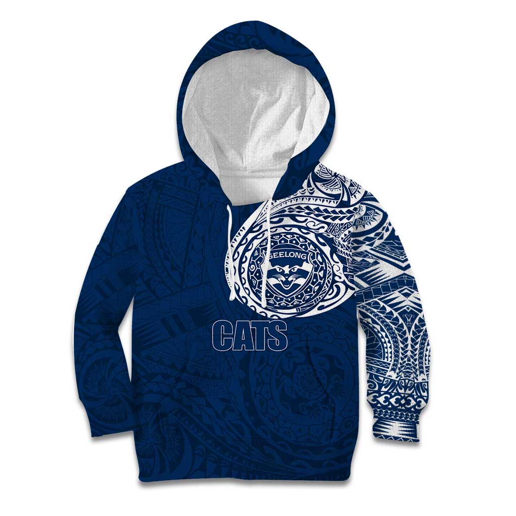 Personalized Geelong Cats Polynesian Kid Hoodie Tribal Chest and Sleeve Tattoo Heritage Warrior