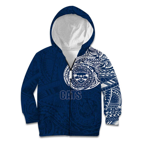Personalized Geelong Cats Polynesian Kid Hoodie Tribal Chest and Sleeve Tattoo Heritage Warrior