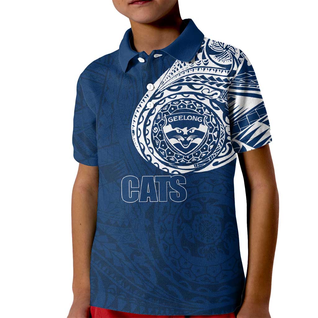 Personalized Geelong Cats Polynesian Kid Polo Shirt Tribal Chest and Sleeve Tattoo Heritage Warrior