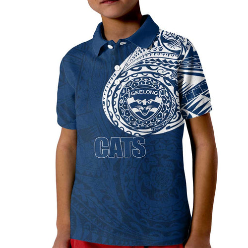 Personalized Geelong Cats Polynesian Kid Polo Shirt Tribal Chest and Sleeve Tattoo Heritage Warrior