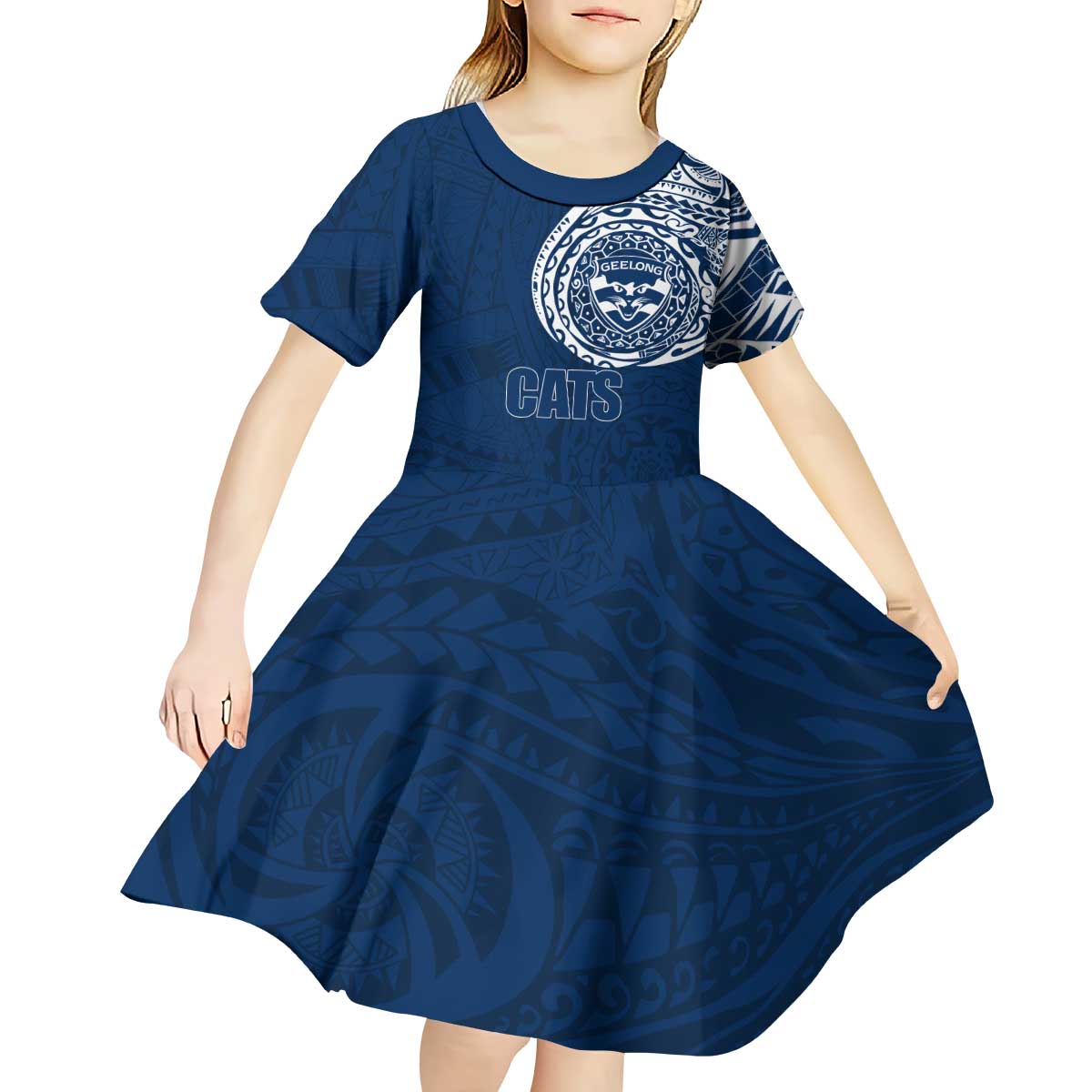 Personalized Geelong Cats Polynesian Kid Short Sleeve Dress Tribal Chest and Sleeve Tattoo Heritage Warrior