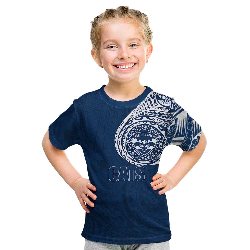 Personalized Geelong Cats Polynesian Kid T Shirt Tribal Chest and Sleeve Tattoo Heritage Warrior