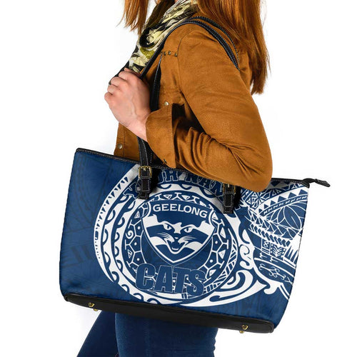 Personalized Geelong Cats Polynesian Leather Tote Bag Tribal Chest and Sleeve Tattoo Heritage Warrior