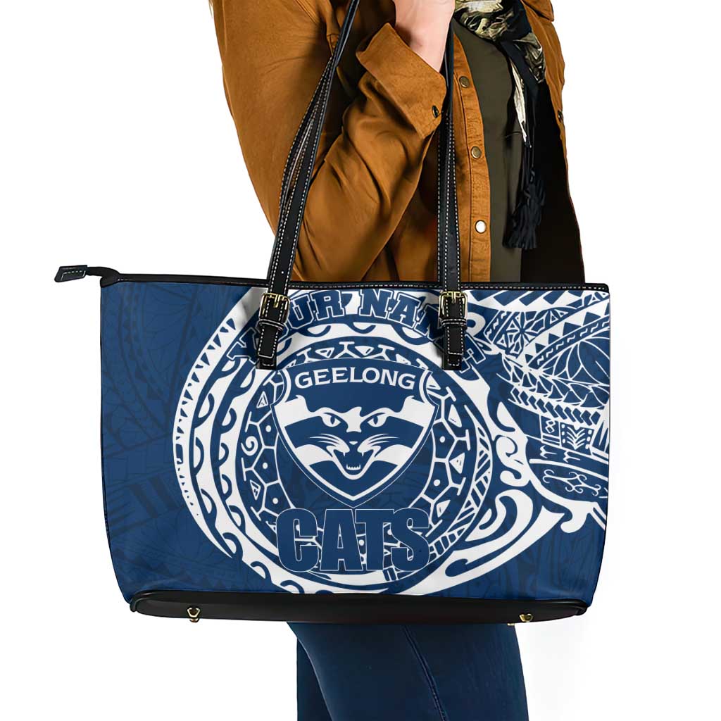 Personalized Geelong Cats Polynesian Leather Tote Bag Tribal Chest and Sleeve Tattoo Heritage Warrior