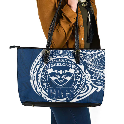 Personalized Geelong Cats Polynesian Leather Tote Bag Tribal Chest and Sleeve Tattoo Heritage Warrior