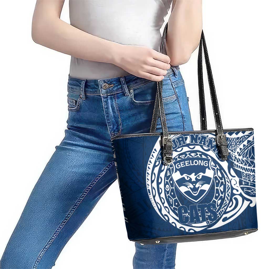 Personalized Geelong Cats Polynesian Leather Tote Bag Tribal Chest and Sleeve Tattoo Heritage Warrior