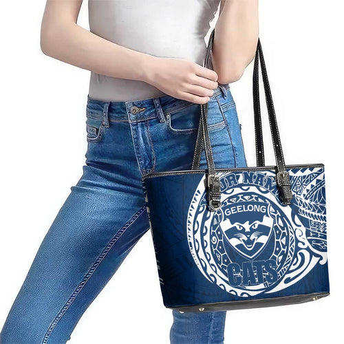 Personalized Geelong Cats Polynesian Leather Tote Bag Tribal Chest and Sleeve Tattoo Heritage Warrior