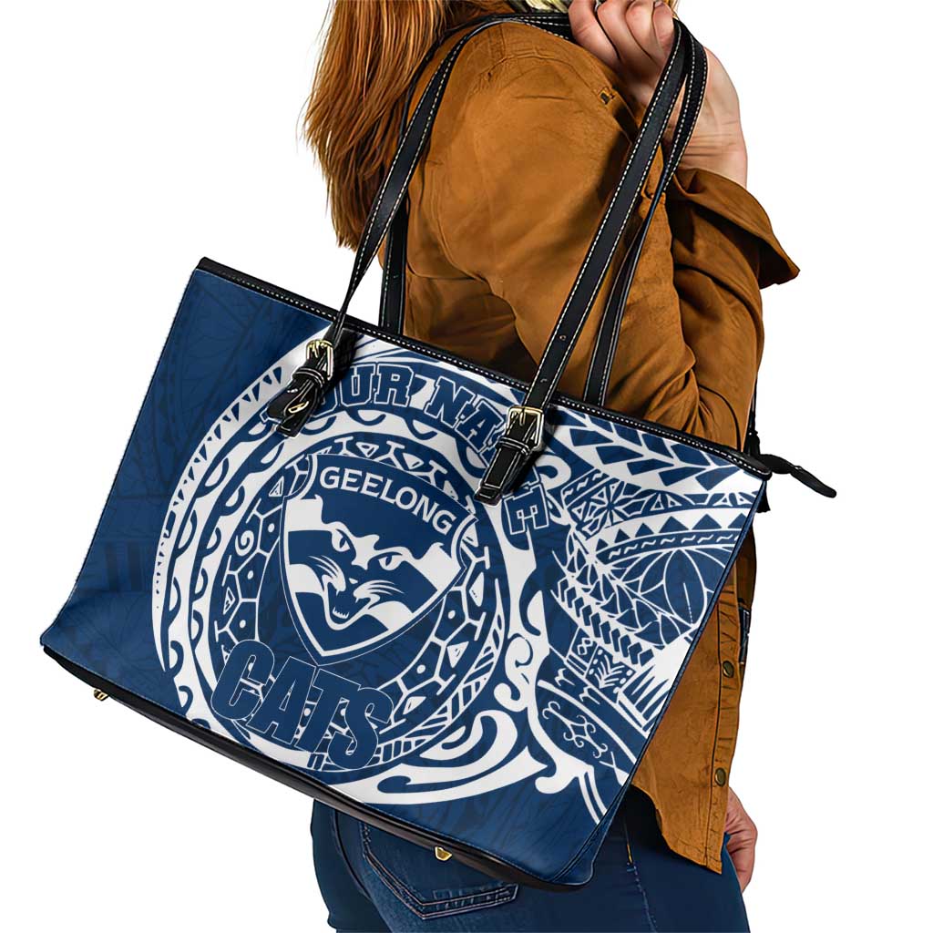 Personalized Geelong Cats Polynesian Leather Tote Bag Tribal Chest and Sleeve Tattoo Heritage Warrior
