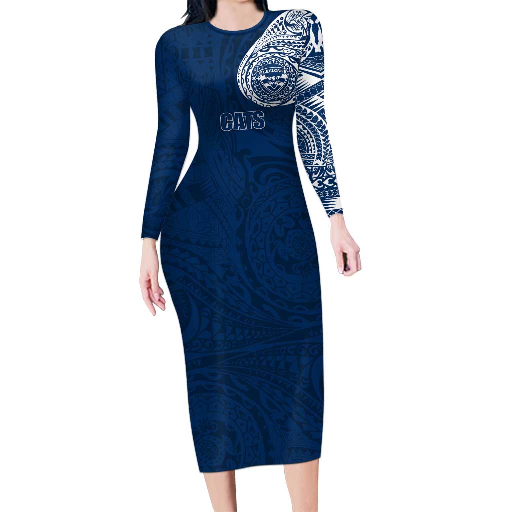 Personalized Geelong Cats Polynesian Long Sleeve Bodycon Dress Tribal Chest and Sleeve Tattoo Heritage Warrior