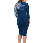 Personalized Geelong Cats Polynesian Long Sleeve Bodycon Dress Tribal Chest and Sleeve Tattoo Heritage Warrior