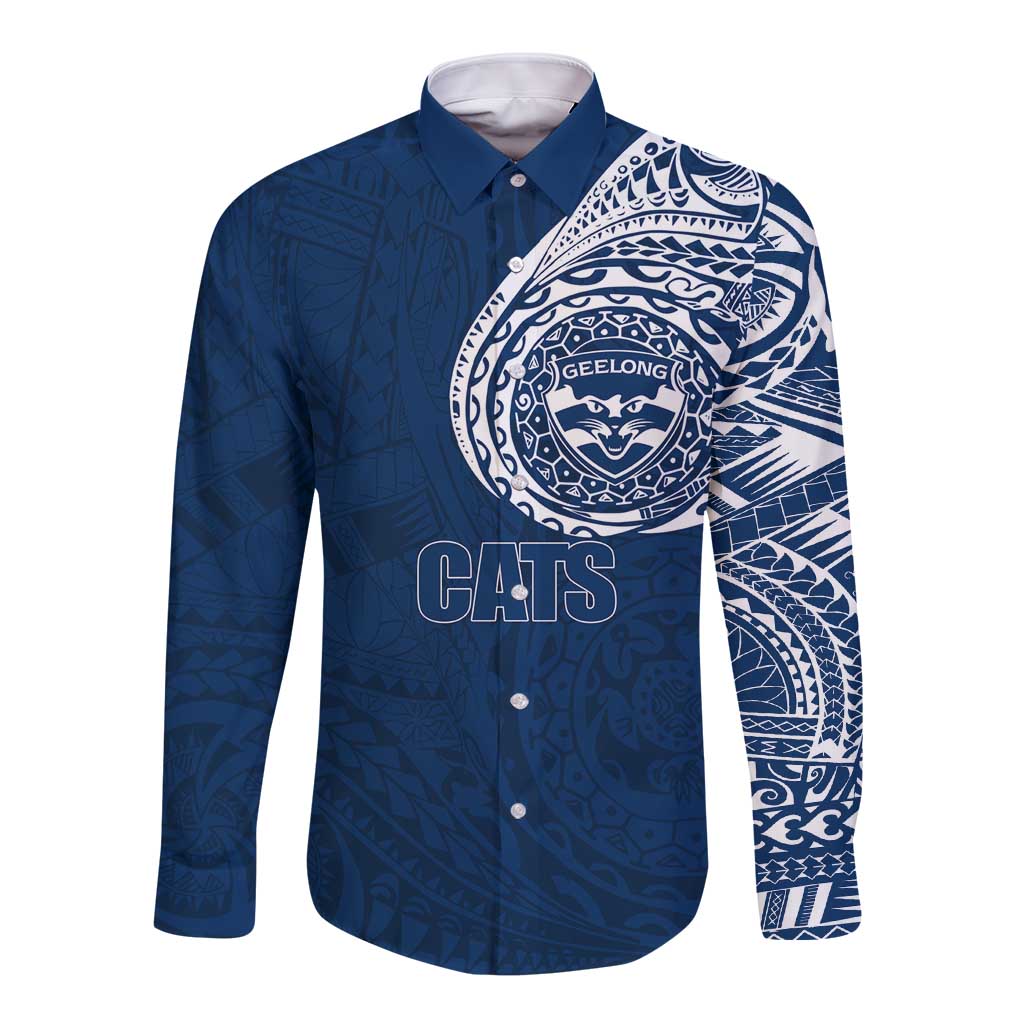 Personalized Geelong Cats Polynesian Long Sleeve Button Shirt Tribal Chest and Sleeve Tattoo Heritage Warrior