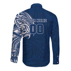 Personalized Geelong Cats Polynesian Long Sleeve Button Shirt Tribal Chest and Sleeve Tattoo Heritage Warrior