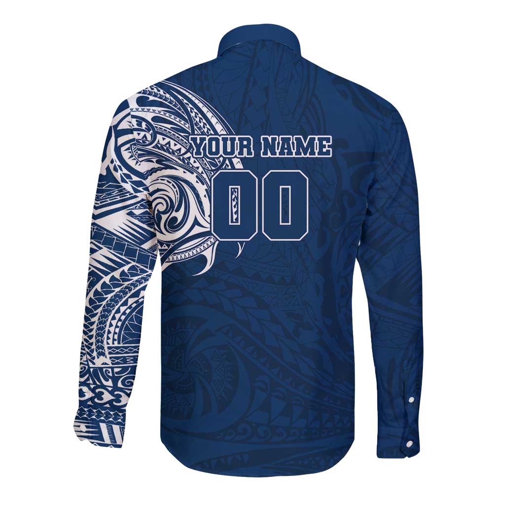 Personalized Geelong Cats Polynesian Long Sleeve Button Shirt Tribal Chest and Sleeve Tattoo Heritage Warrior