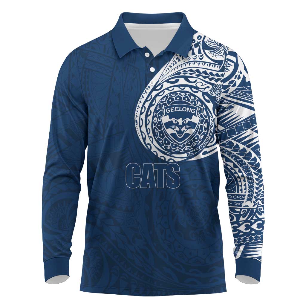 Personalized Geelong Cats Polynesian Long Sleeve Polo Shirt Tribal Chest and Sleeve Tattoo Heritage Warrior