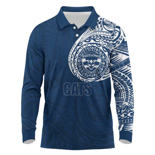 Personalized Geelong Cats Polynesian Long Sleeve Polo Shirt Tribal Chest and Sleeve Tattoo Heritage Warrior