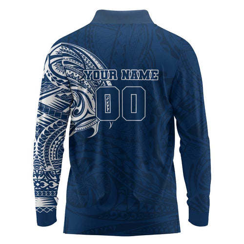 Personalized Geelong Cats Polynesian Long Sleeve Polo Shirt Tribal Chest and Sleeve Tattoo Heritage Warrior
