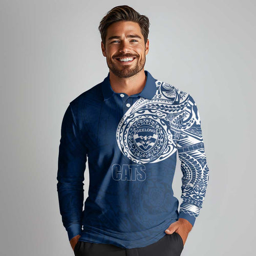 Personalized Geelong Cats Polynesian Long Sleeve Polo Shirt Tribal Chest and Sleeve Tattoo Heritage Warrior