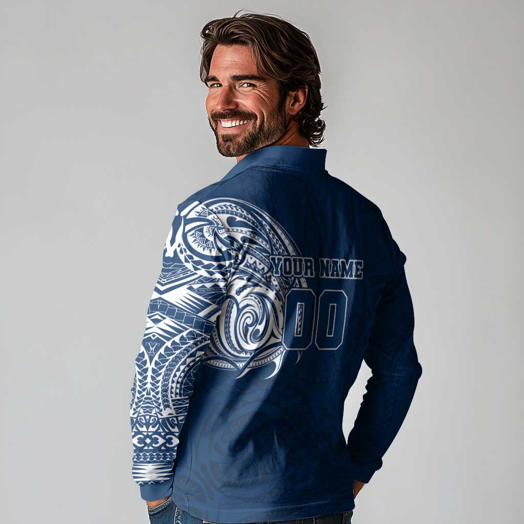 Personalized Geelong Cats Polynesian Long Sleeve Polo Shirt Tribal Chest and Sleeve Tattoo Heritage Warrior