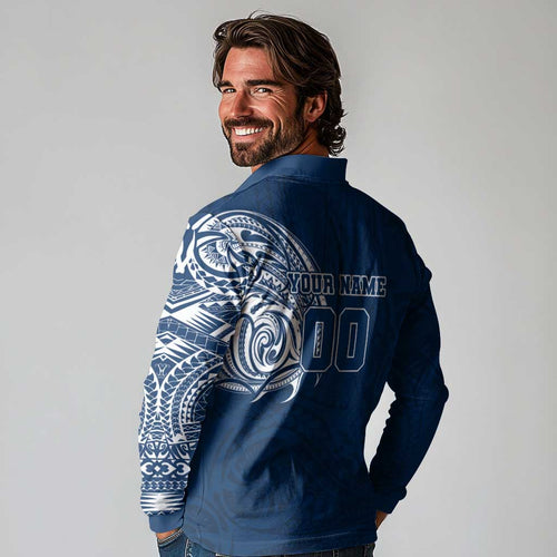Personalized Geelong Cats Polynesian Long Sleeve Polo Shirt Tribal Chest and Sleeve Tattoo Heritage Warrior