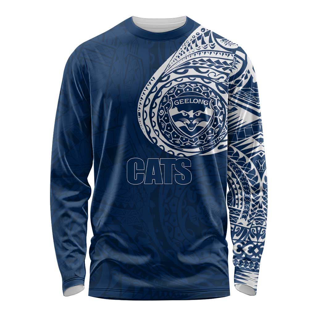 Personalized Geelong Cats Polynesian Long Sleeve Shirt Tribal Chest and Sleeve Tattoo Heritage Warrior