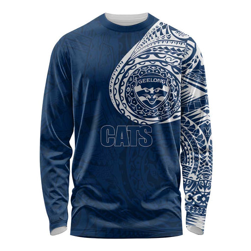 Personalized Geelong Cats Polynesian Long Sleeve Shirt Tribal Chest and Sleeve Tattoo Heritage Warrior