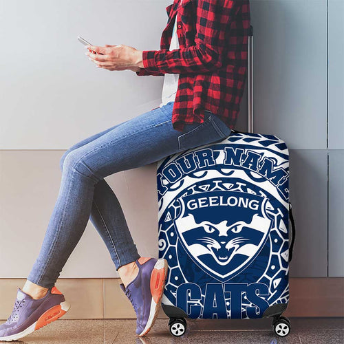 Personalized Geelong Cats Polynesian Luggage Cover Tribal Chest and Sleeve Tattoo Heritage Warrior