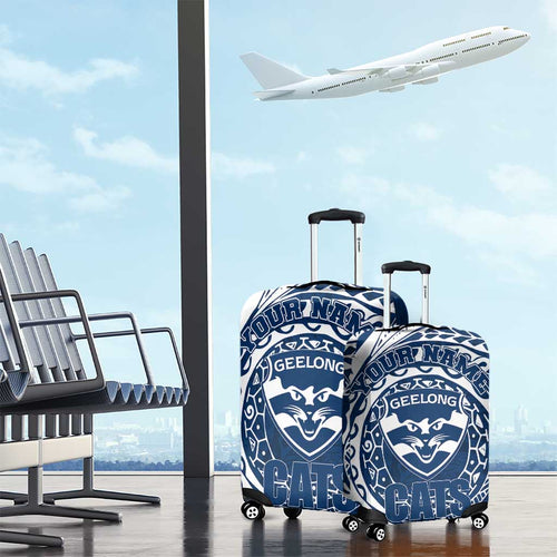 Personalized Geelong Cats Polynesian Luggage Cover Tribal Chest and Sleeve Tattoo Heritage Warrior