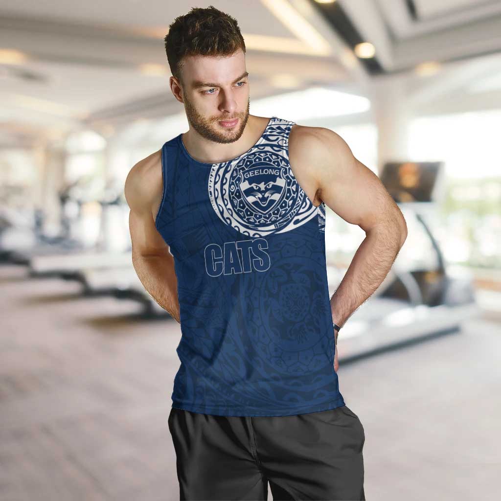 Personalized Geelong Cats Polynesian Men Tank Top Tribal Chest and Sleeve Tattoo Heritage Warrior