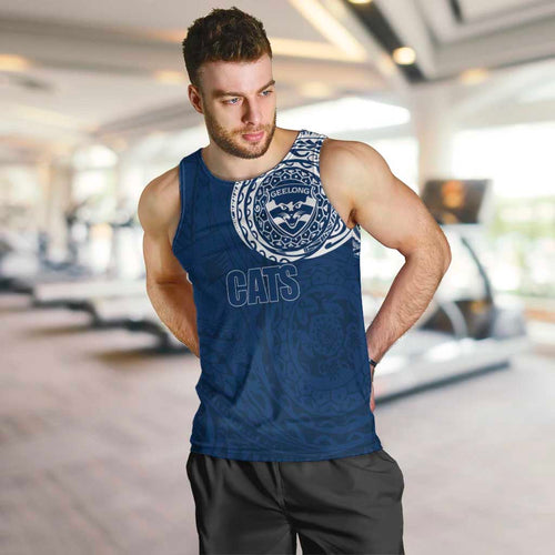 Personalized Geelong Cats Polynesian Men Tank Top Tribal Chest and Sleeve Tattoo Heritage Warrior