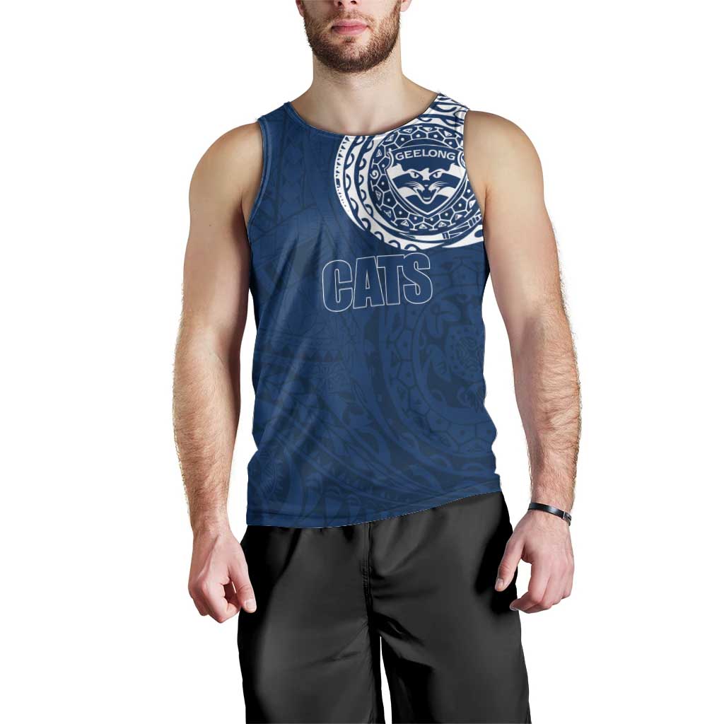 Personalized Geelong Cats Polynesian Men Tank Top Tribal Chest and Sleeve Tattoo Heritage Warrior