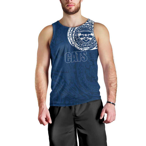 Personalized Geelong Cats Polynesian Men Tank Top Tribal Chest and Sleeve Tattoo Heritage Warrior