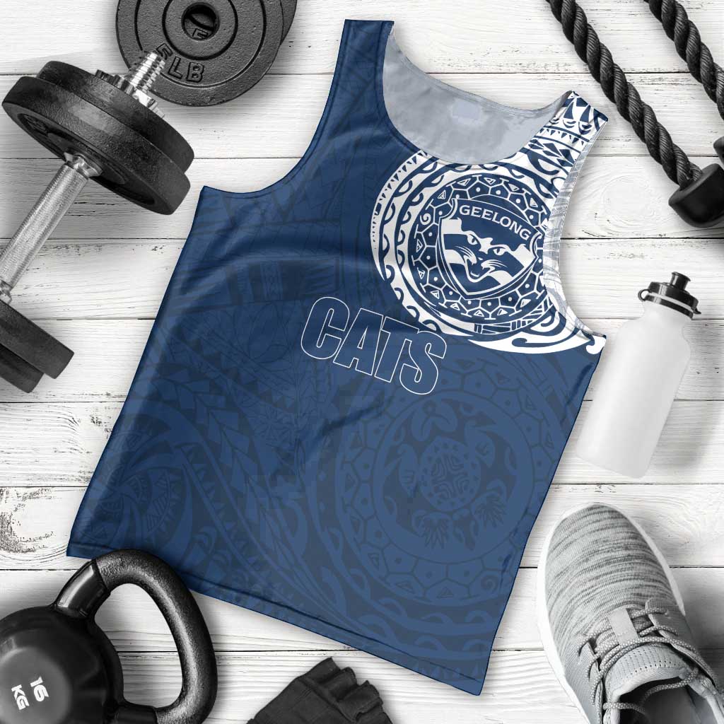 Personalized Geelong Cats Polynesian Men Tank Top Tribal Chest and Sleeve Tattoo Heritage Warrior