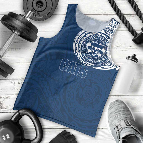 Personalized Geelong Cats Polynesian Men Tank Top Tribal Chest and Sleeve Tattoo Heritage Warrior