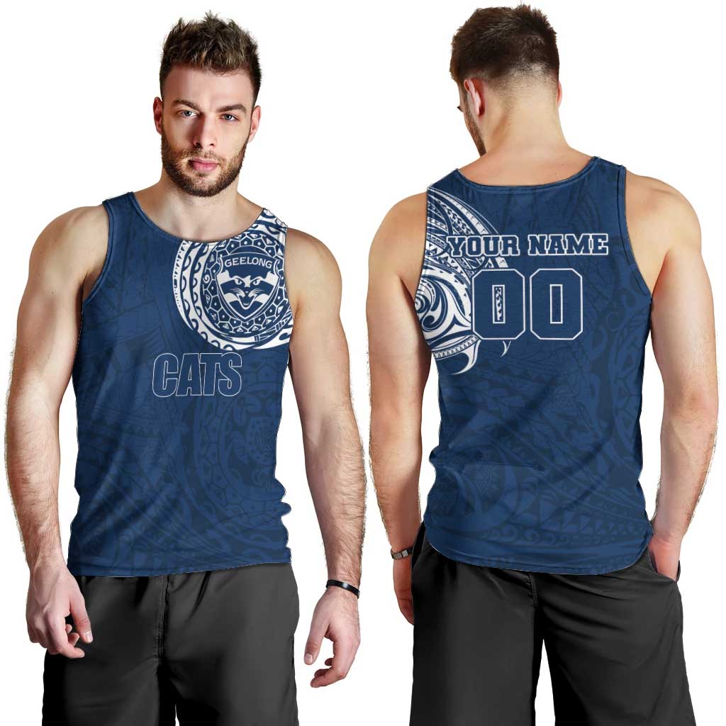 Personalized Geelong Cats Polynesian Men Tank Top Tribal Chest and Sleeve Tattoo Heritage Warrior