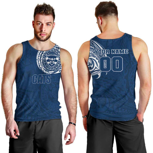 Personalized Geelong Cats Polynesian Men Tank Top Tribal Chest and Sleeve Tattoo Heritage Warrior