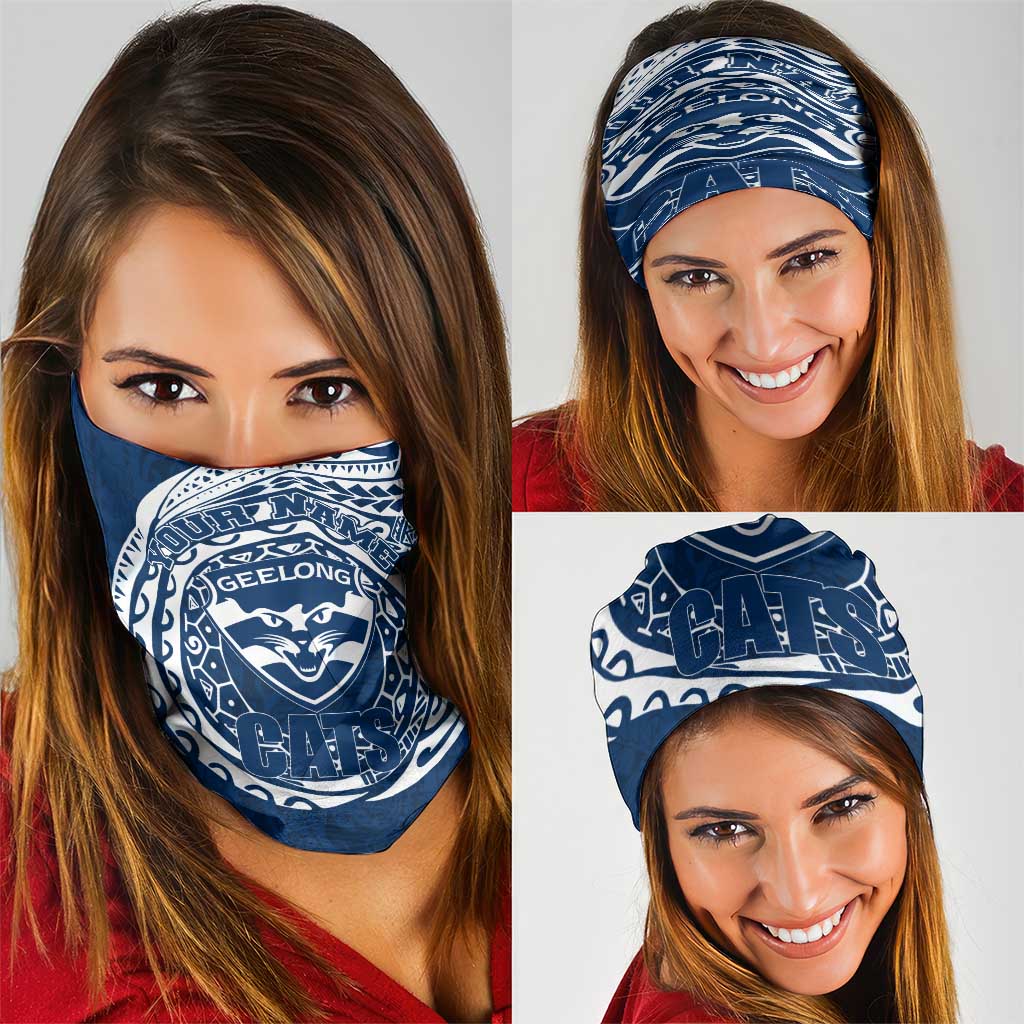Personalized Geelong Cats Polynesian Neck Gaiter Tribal Chest and Sleeve Tattoo Heritage Warrior