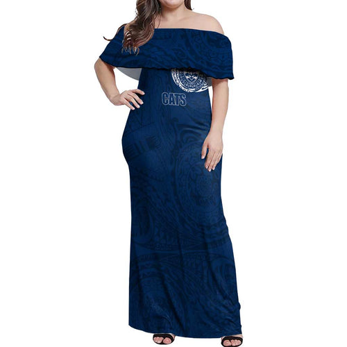Personalized Geelong Cats Polynesian Off Shoulder Maxi Dress Tribal Chest and Sleeve Tattoo Heritage Warrior
