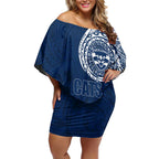 Personalized Geelong Cats Polynesian Off Shoulder Short Dress Tribal Chest and Sleeve Tattoo Heritage Warrior