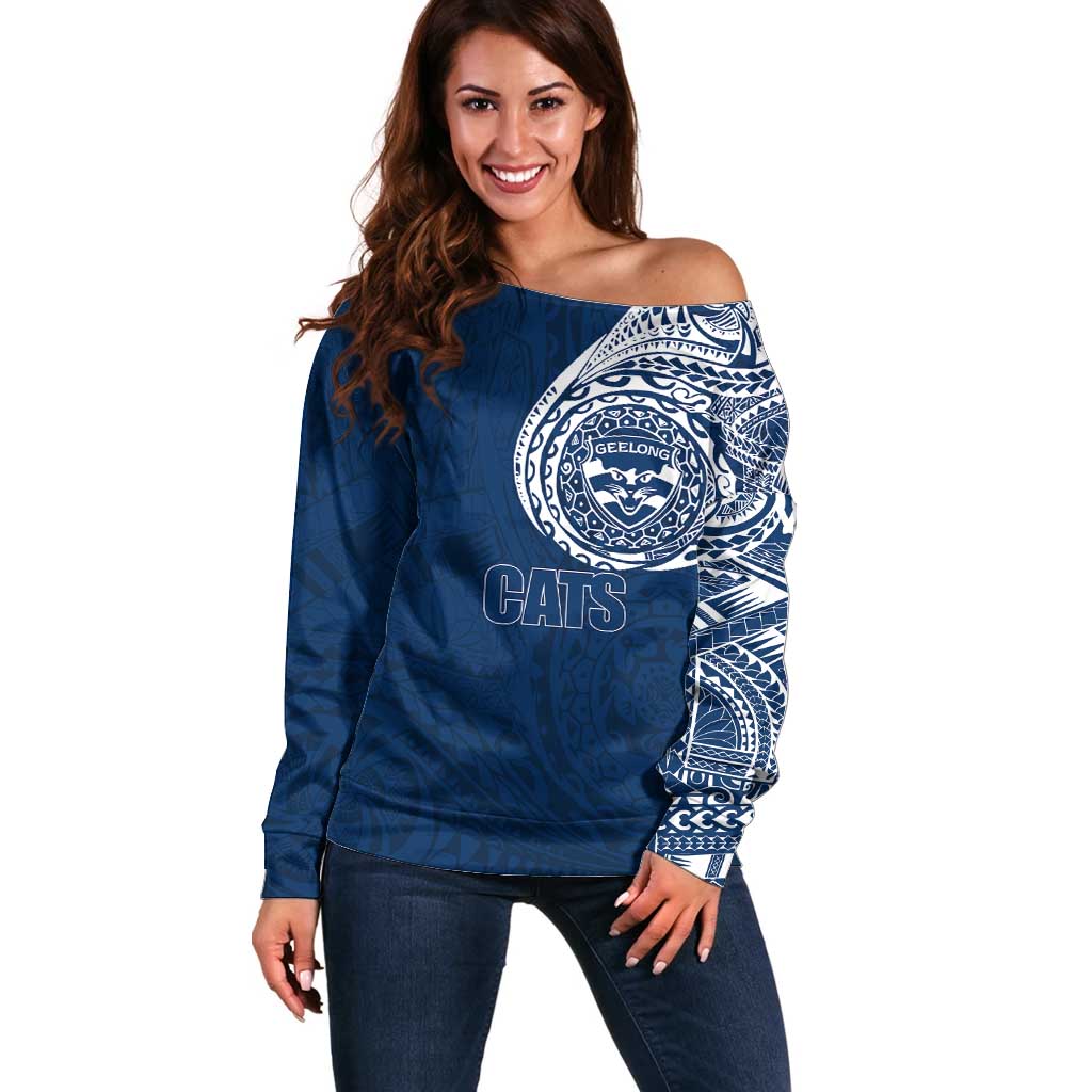 Personalized Geelong Cats Polynesian Off Shoulder Sweater Tribal Chest and Sleeve Tattoo Heritage Warrior