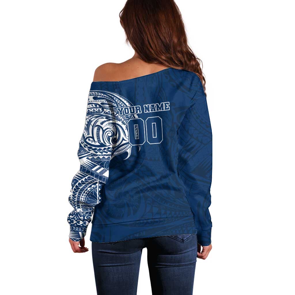 Personalized Geelong Cats Polynesian Off Shoulder Sweater Tribal Chest and Sleeve Tattoo Heritage Warrior