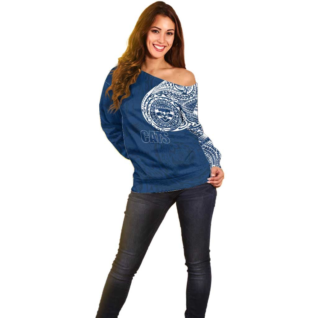 Personalized Geelong Cats Polynesian Off Shoulder Sweater Tribal Chest and Sleeve Tattoo Heritage Warrior